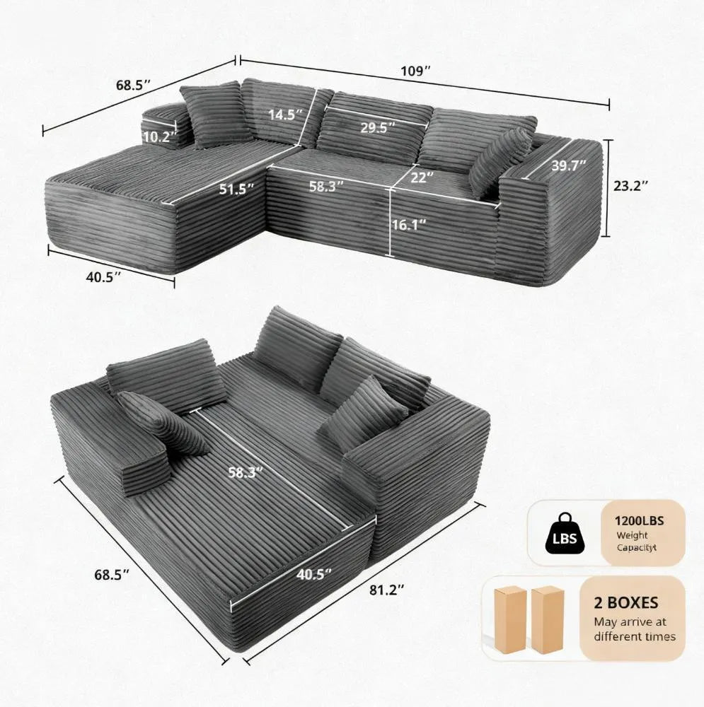 105" Modular Sectional Sofa, Deep Seat Cloud Couch, No Assembly Required