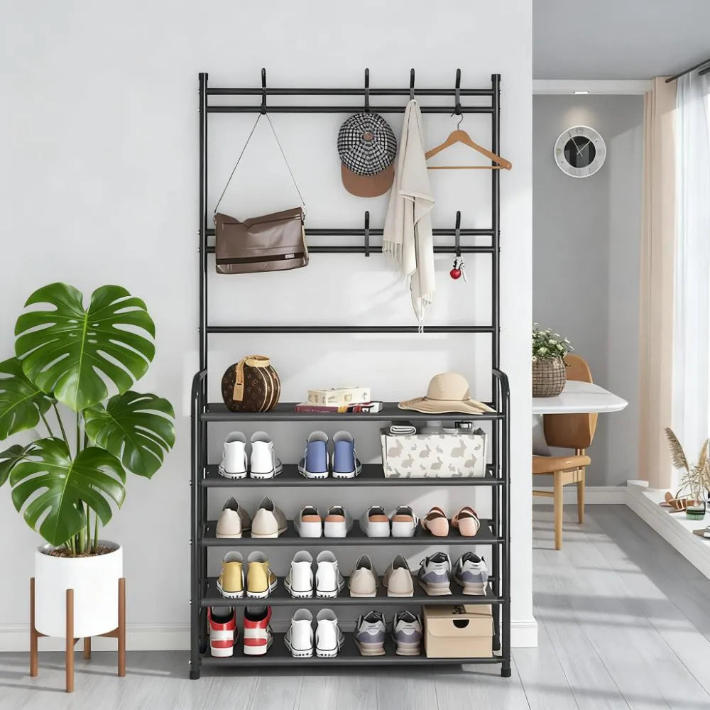 3-in-1 Entryway Organizer - Coat Rack, Shoe Bench & Shelves, Space Saving Design