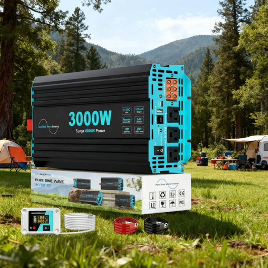 3000W Pure Sine Power Inverter, 12V DC to 120V AC, Multi-Ports & Remote for Heavy-Duty Use.